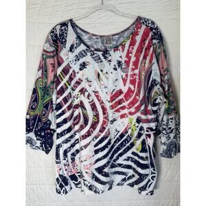 Parsley & Sage White Multi Color Long Sleeve Tunic Shirt Pocket Size 3X